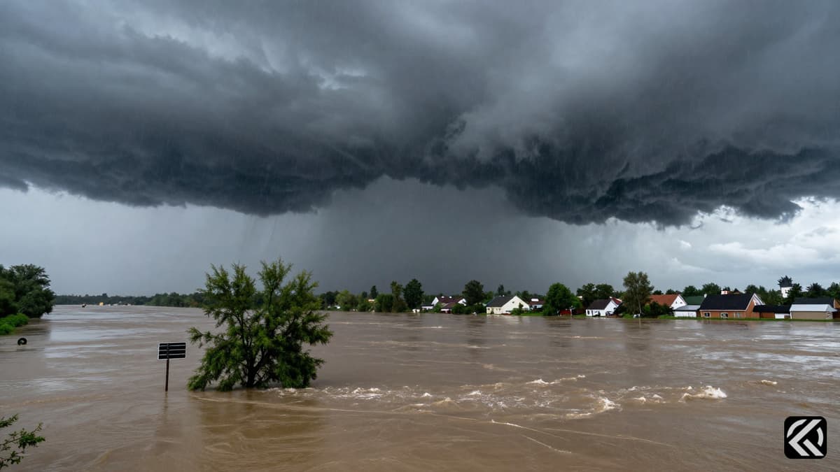 Dark storm clouds loom over a flooded river valley with submerged trees and roads, capturing the severity of severe weather.
