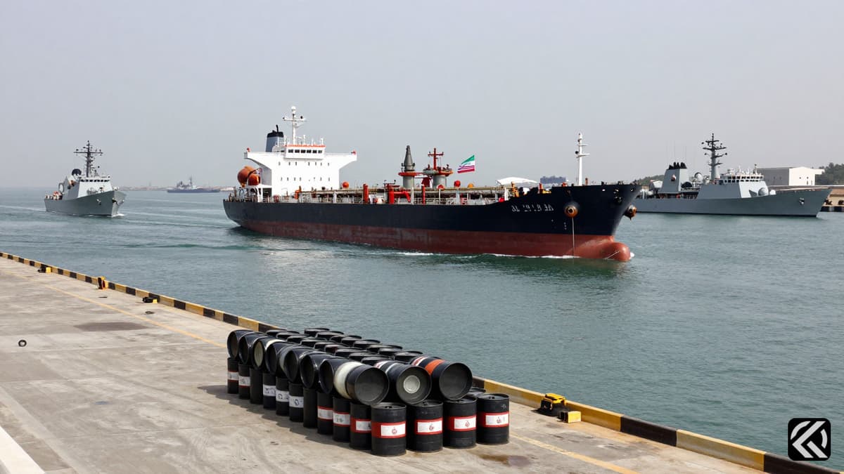 A blockade in the Strait of Hormuz with tankers and empty fuel canisters symbolizing a jet fuel shortage.