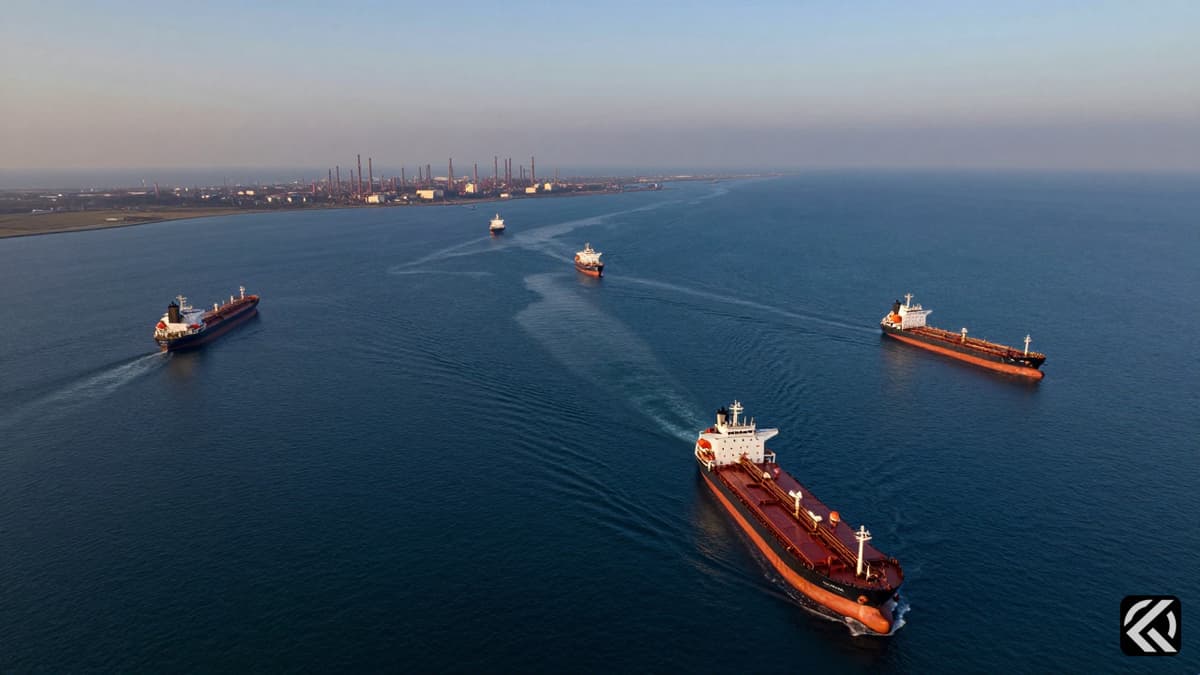 Aerial view of oil tankers navigating the strategic waters of the Strait of Hormuz at dusk.