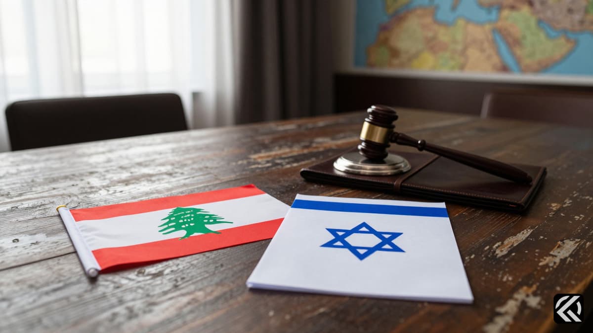 A wooden conference table with Lebanese and Israeli flags and negotiation documents symbolizing the Israel-Lebanon ceasefire talks.