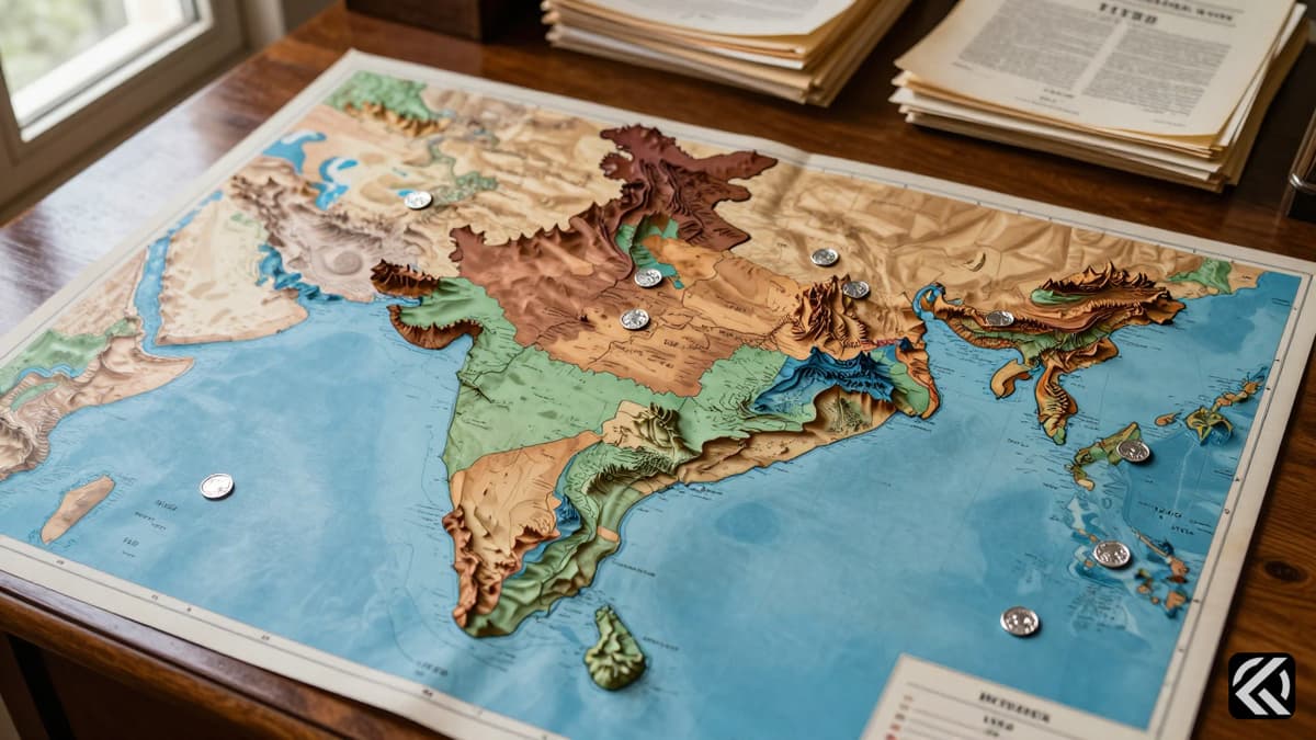 A realistic wooden map of India with color-coded regions and silver seat tokens on a desk.