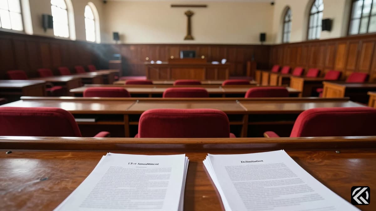 Empty wooden desks and red chairs in the Indian Lok Sabha chamber symbolizing legislative defeat.