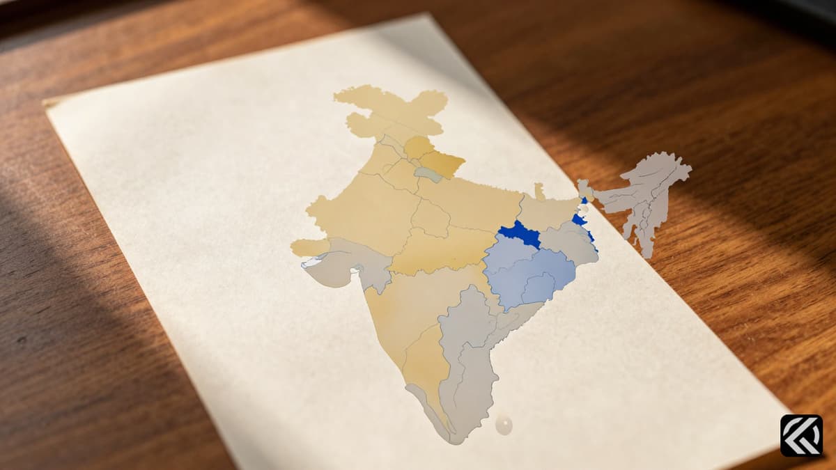 Historical ballot paper on wood with overlay map showing Indian federal regions symbolizing seat allocation.