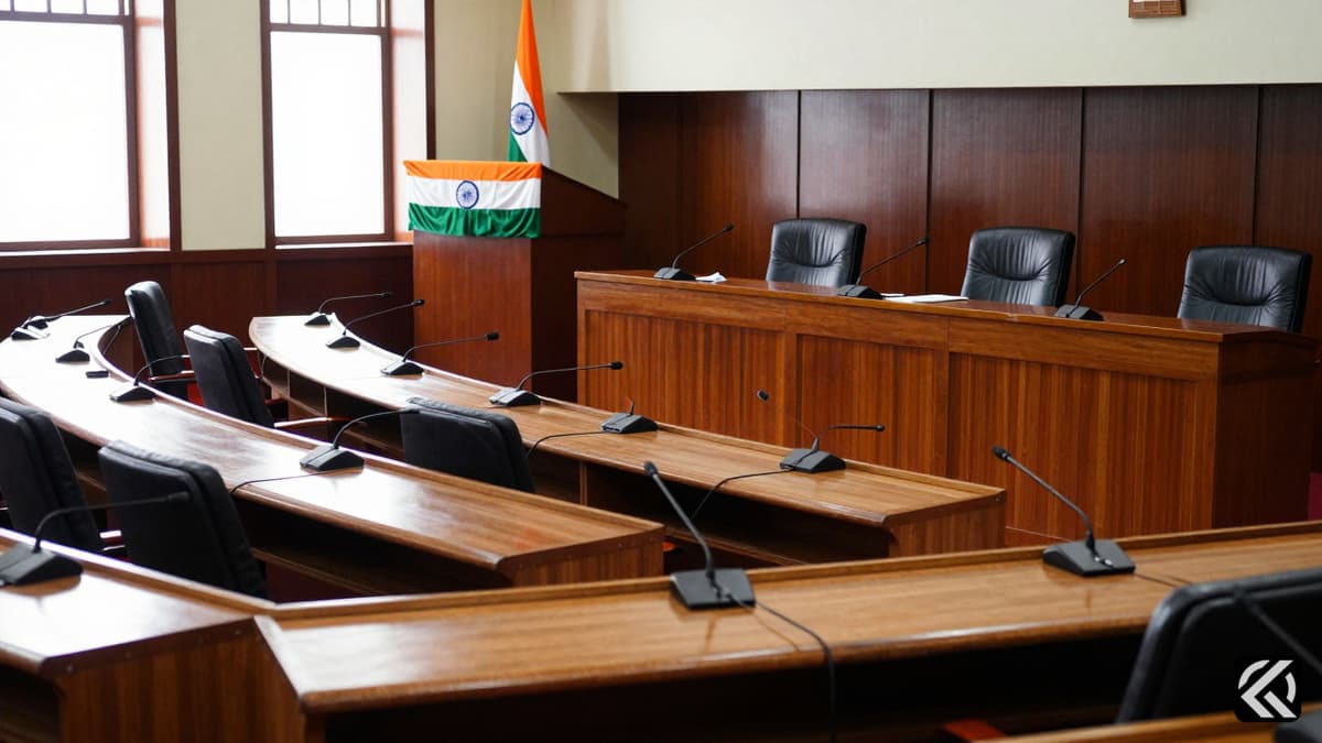 Indian Lok Sabha chamber with empty Speaker's chair and national flag during a parliamentary session.