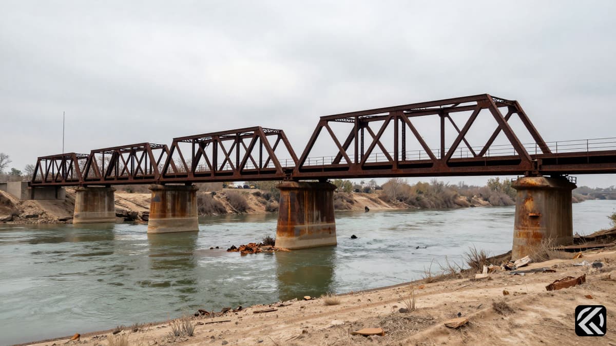A collapsed bridge over a river symbolizing the divided region and conflict.