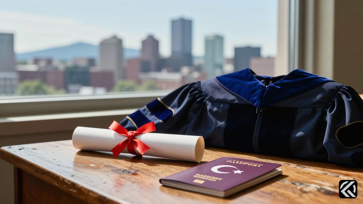 Academic gown and Turkish passport on desk symbolizing Rumeysa Ozturk returning to Turkiye after deportation battle.