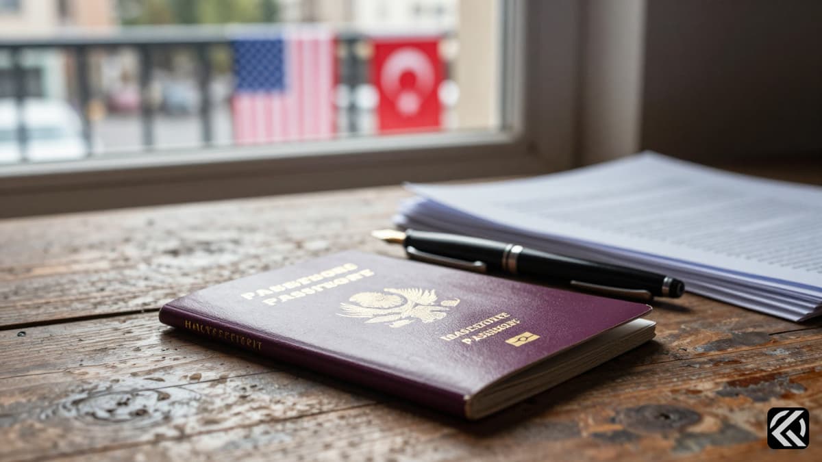Passport and papers on a desk with American and Turkish flags visible through a window.