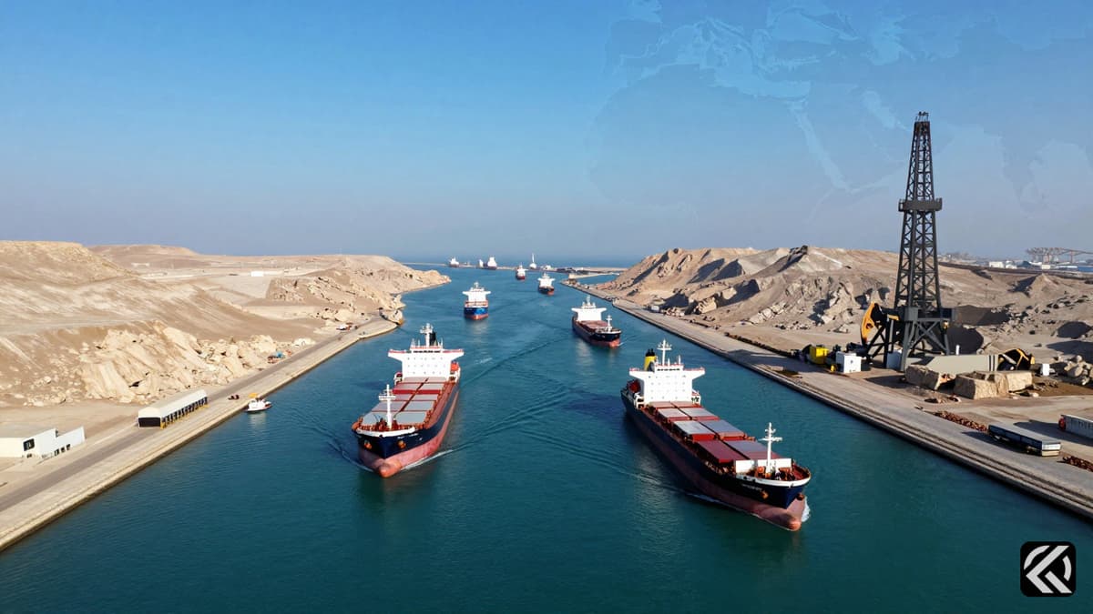 Aerial view of commercial ships navigating the Strait of Hormuz near rocky coastlines with an oil derrick silhouette on the horizon under a clear sky.