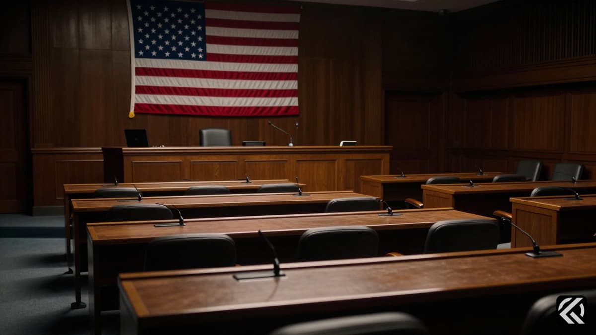 Rows of empty desks and microphones in the US Senate chamber with an American flag in the background.