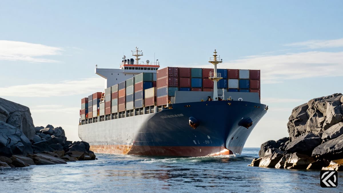 A cargo ship navigating a narrow rocky strait under a clear blue sky.