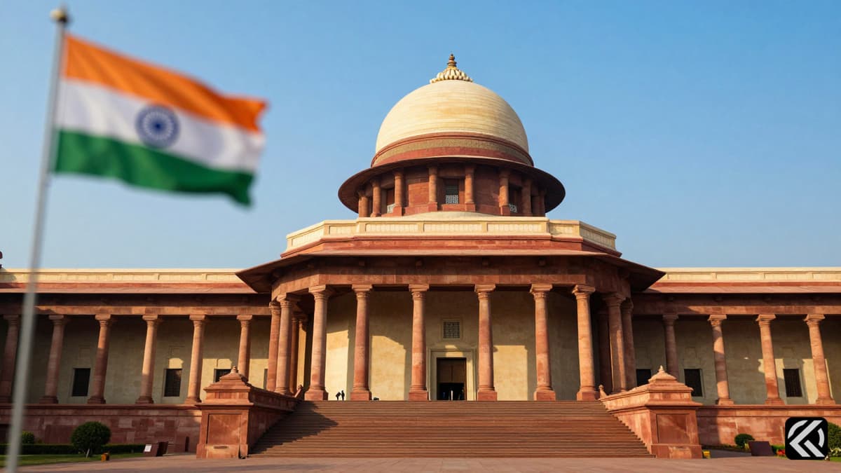 Indian Parliament House exterior with national flag representing democratic voting outcomes.