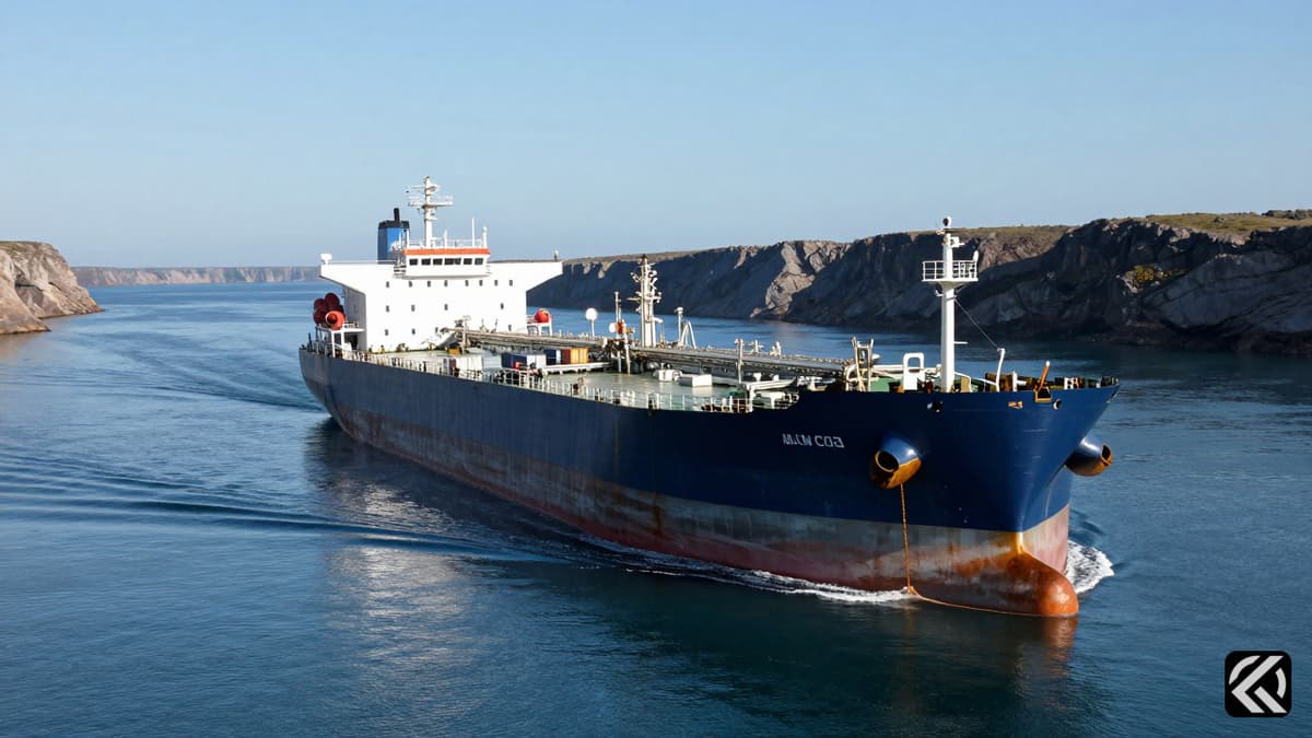 A large oil tanker sailing through a narrow strategic waterway symbolizing global energy trade disruptions.