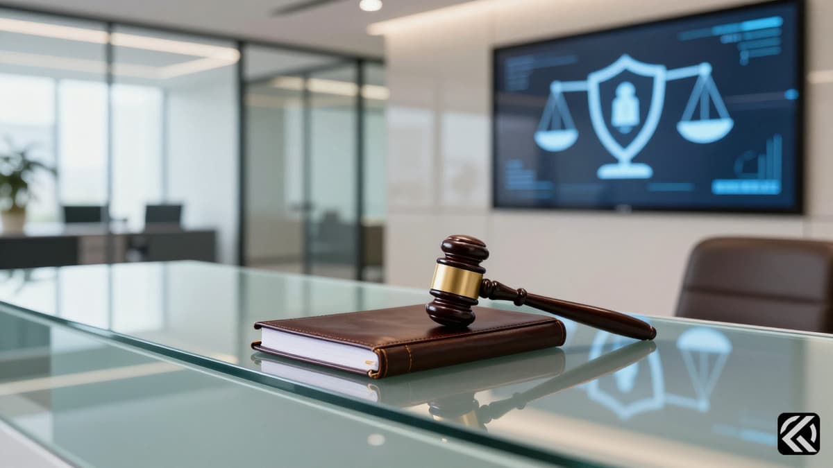 A photorealistic office scene with a gavel and logbook on a desk symbolizing a corporate inquiry into workplace conduct.