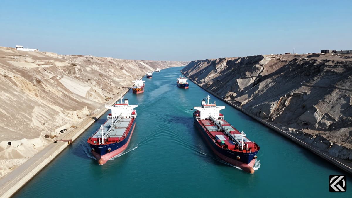 Aerial view of commercial oil tankers navigating the Strait of Hormuz under clear skies.