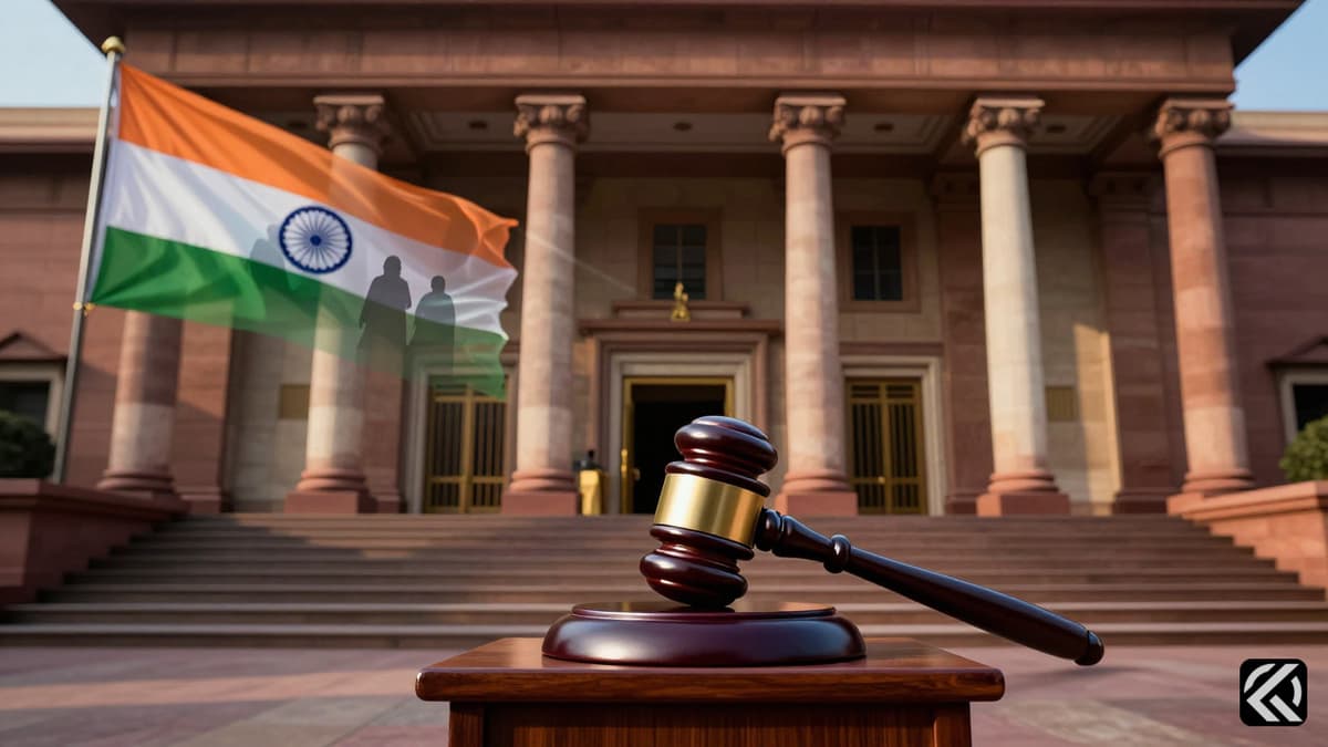 Realistic photo of Indian Parliament exterior with a gavel on a podium and symbolic women silhouettes.