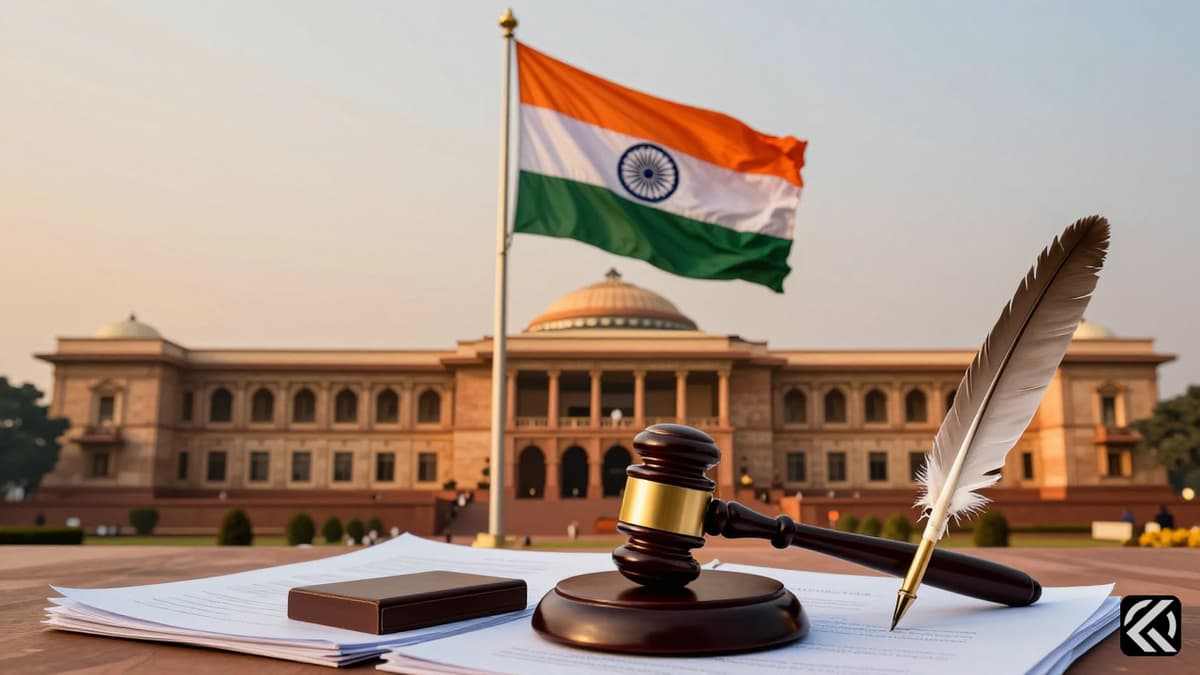 Realistic dusk view of the Indian Parliament with a flag, gavel, and documents symbolizing legislative proceedings.