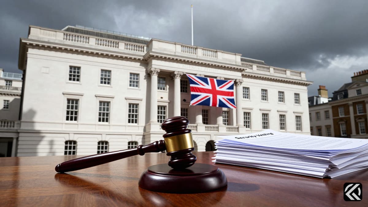 Exterior of the Foreign Office building with a gavel and files symbolizing a security vetting scandal and political accountability crisis.