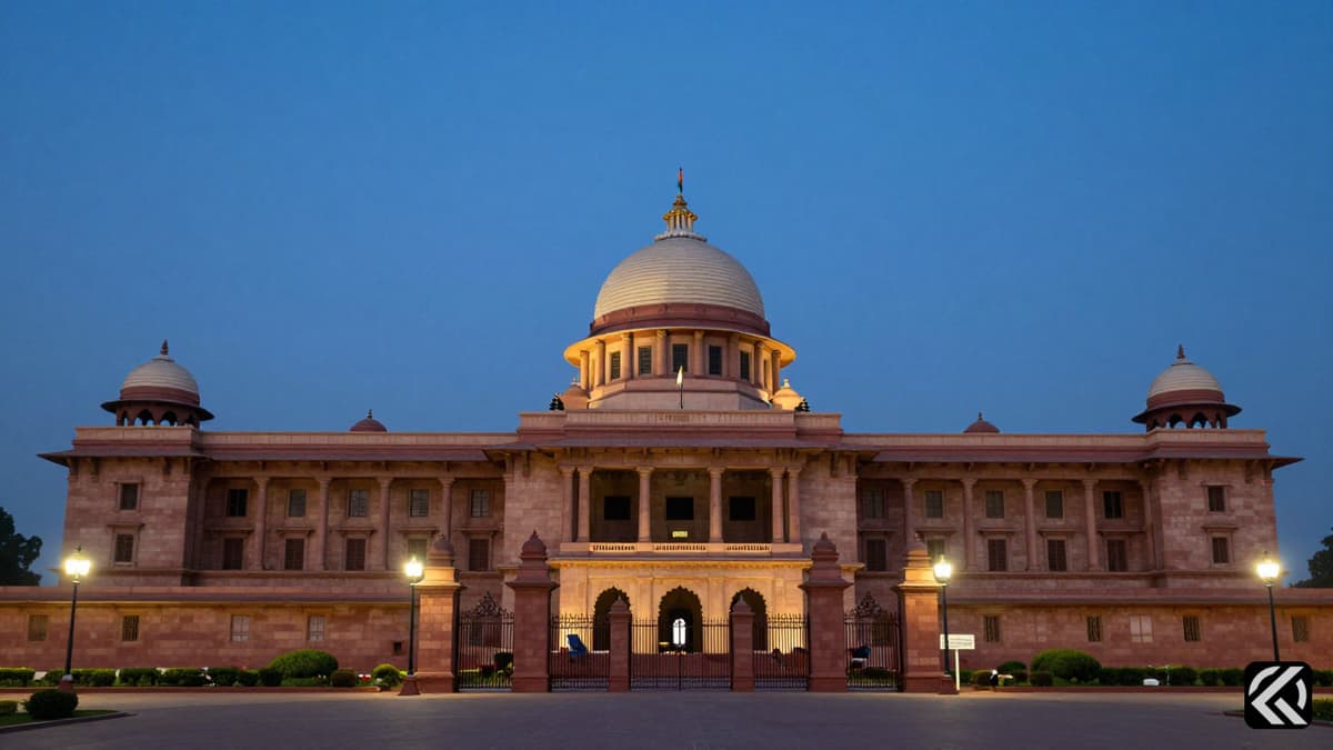 The Indian Parliament House exterior at twilight with the national flag flying, symbolizing legislative proceedings.