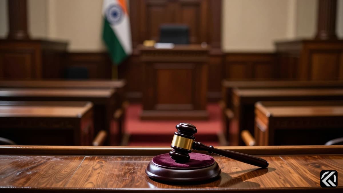Empty Indian parliament chamber with gavel and flag symbolizing bill defeat.