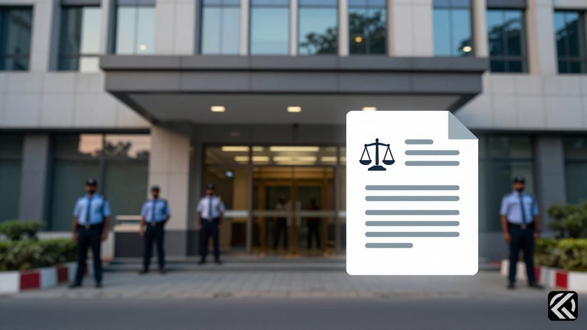 Generic Indian corporate office exterior with security personnel and symbols of justice representing the TCS Nashik investigation.