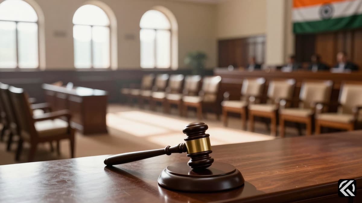Empty wooden chairs in an Indian parliamentary chamber with a gavel on a desk, symbolizing a legislative setback.