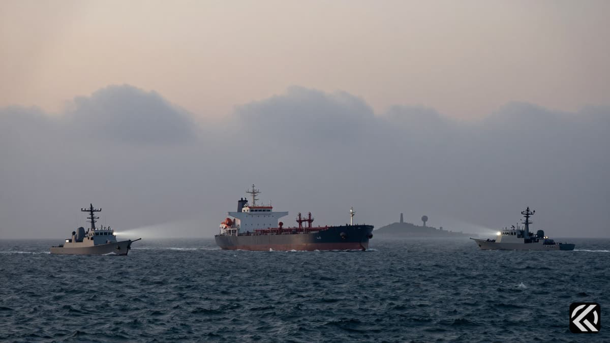 Gunboats and an oil tanker in the foggy Strait of Hormuz symbolizing maritime tension and US-Iran conflict.