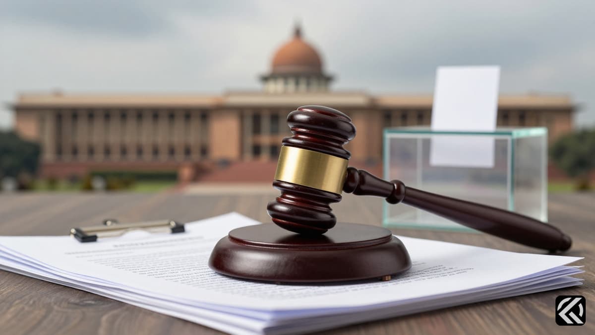 A wooden gavel and legal documents rest on a table with a blurred Parliament building in the background under an overcast sky.