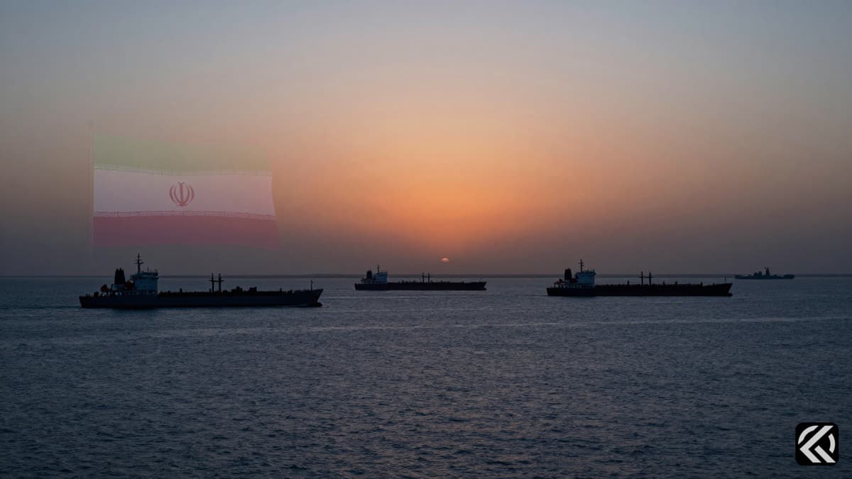 Silhouettes of oil tankers and naval vessels in the Strait of Hormuz at dusk representing a maritime blockade.