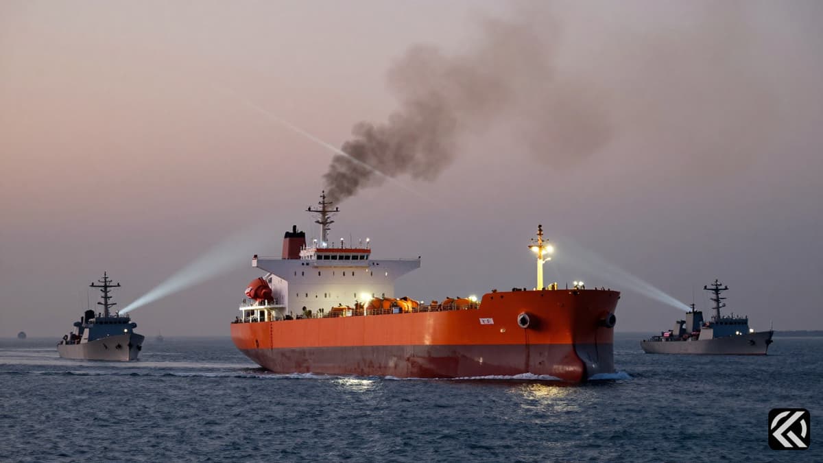A tanker reverses in the Hormuz Strait amid naval tension and smoke signals.