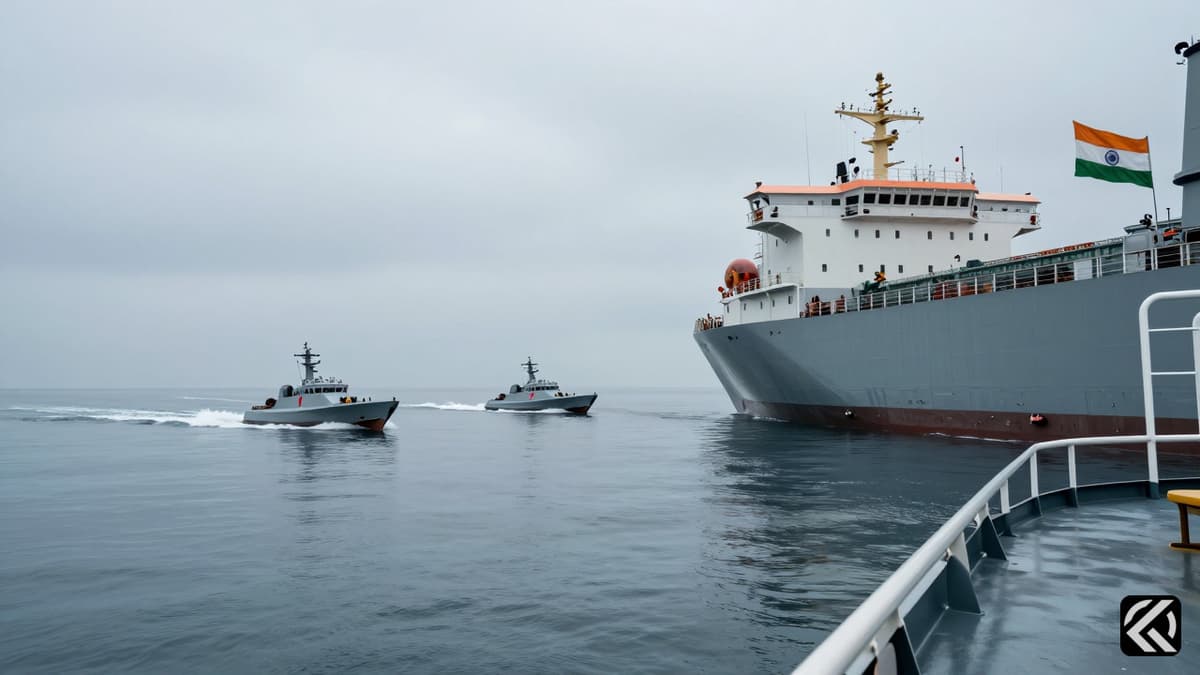 A large cargo ship at sea with two smaller Iranian naval speedboats in the distance, viewed from the deck of the larger vessel.