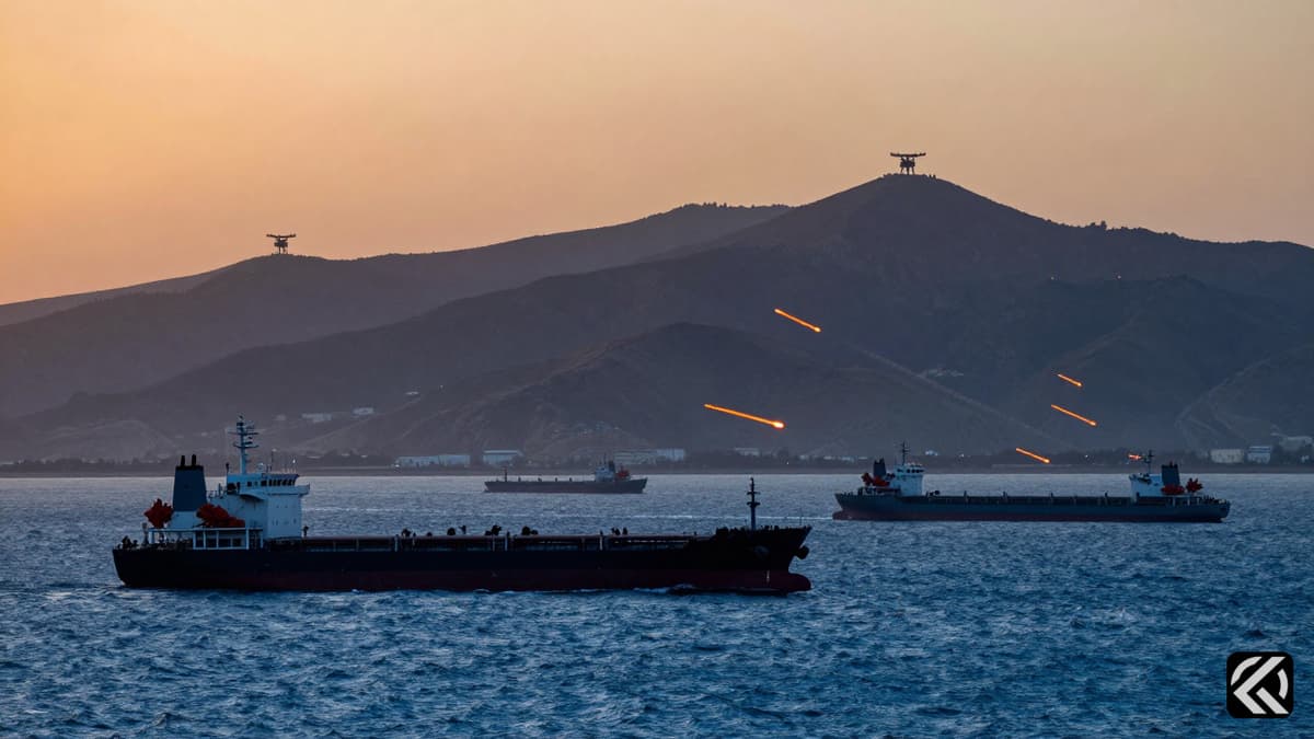 Ships navigate the Strait of Hormuz under threat from Iranian naval forces due to the U.S. port blockade.