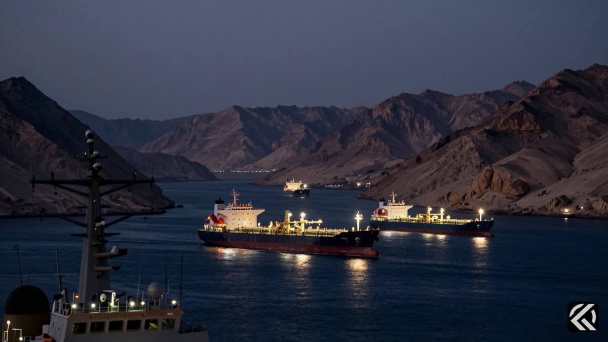 Oil tankers on the Strait of Hormuz under a twilight sky with a naval vessel suggesting a blockade.
