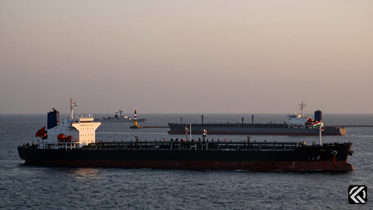 Silhouettes of oil tankers and naval guard ships in the Strait of Hormuz during twilight with flags visible.