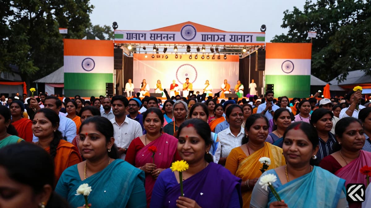 Crowd of women gathering at an outdoor political rally with Indian flags and party symbols visible.