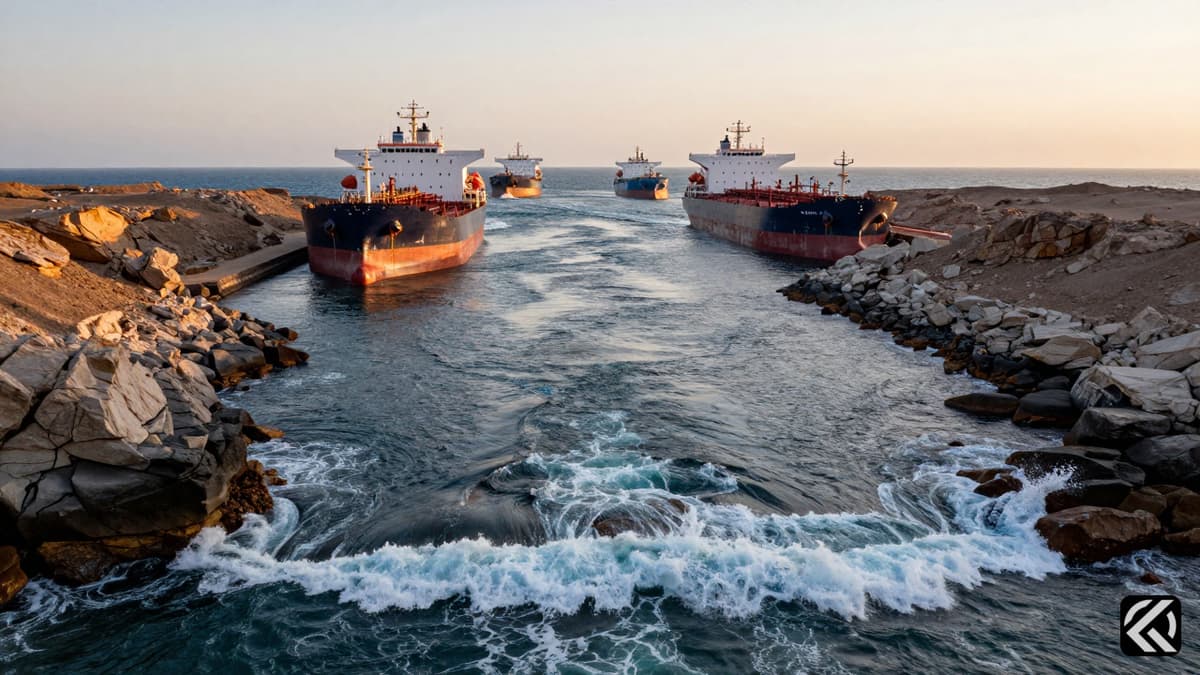 Oil tankers turning away from a narrow rocky shipping channel under dawn light, symbolizing halted maritime traffic.
