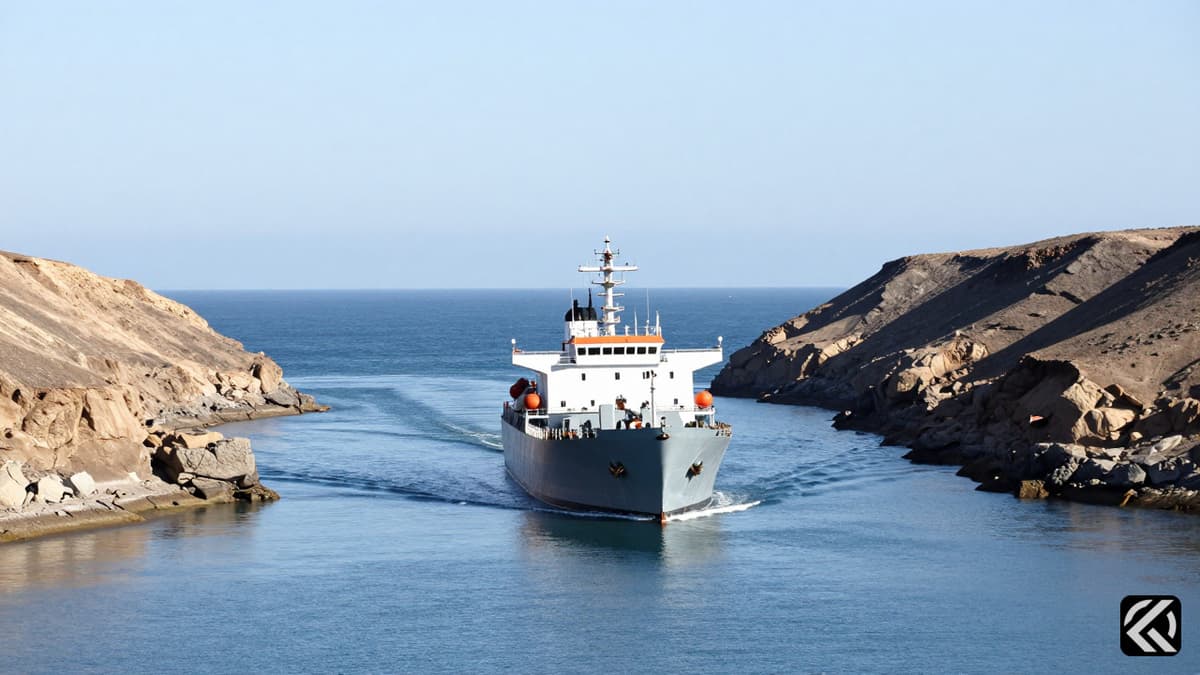 A commercial tanker halted by a naval vessel in the narrow Strait of Hormuz.