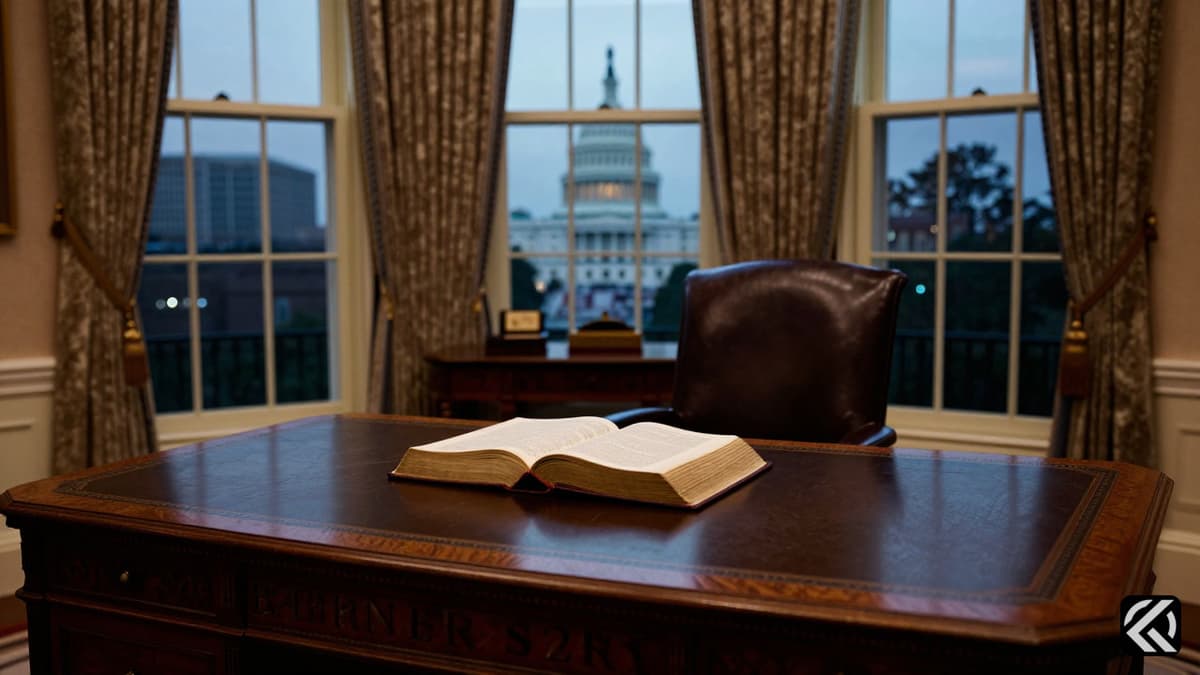 A dimly lit Oval Office with a Bible resting on the Resolute Desk and the Capitol visible through the window.
