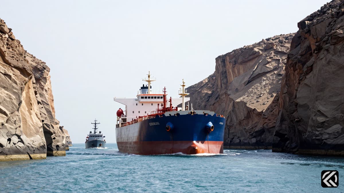 Commercial oil tanker navigating narrow waterway with naval patrol boat approaching in distance.