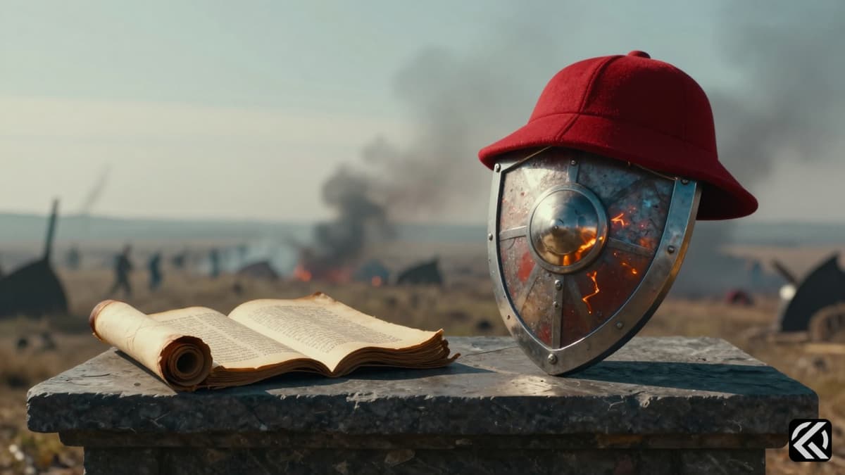 Symbolic split scene showing ancient manuscripts and a battle shield with a red hat.