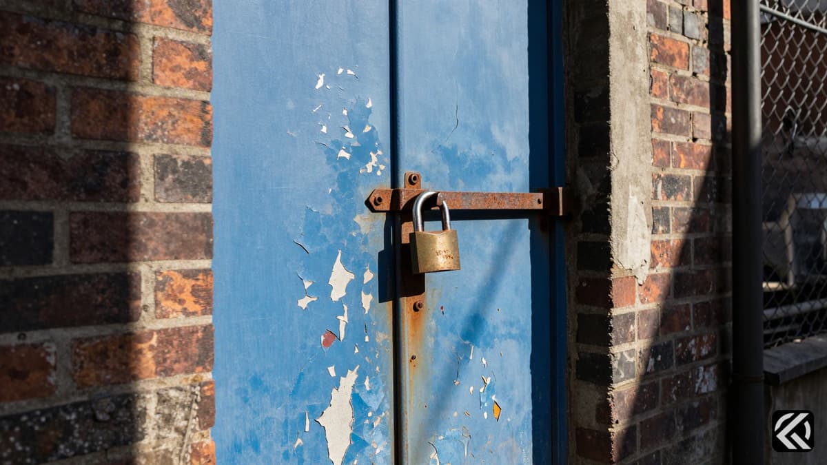 Heavy padlock on a locked apartment door in a crowded Thane Mumbra alleyway.
