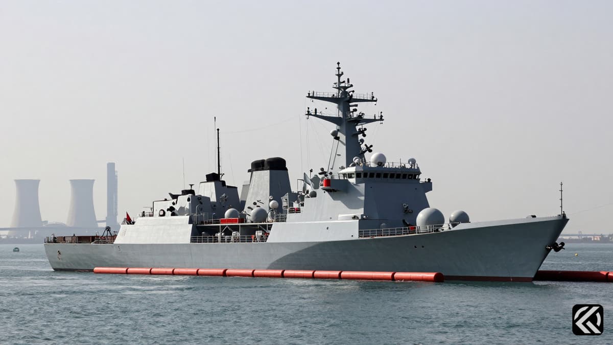 A naval vessel stopped in the Strait of Hormuz near power plants, symbolizing the ongoing blockade and tension.