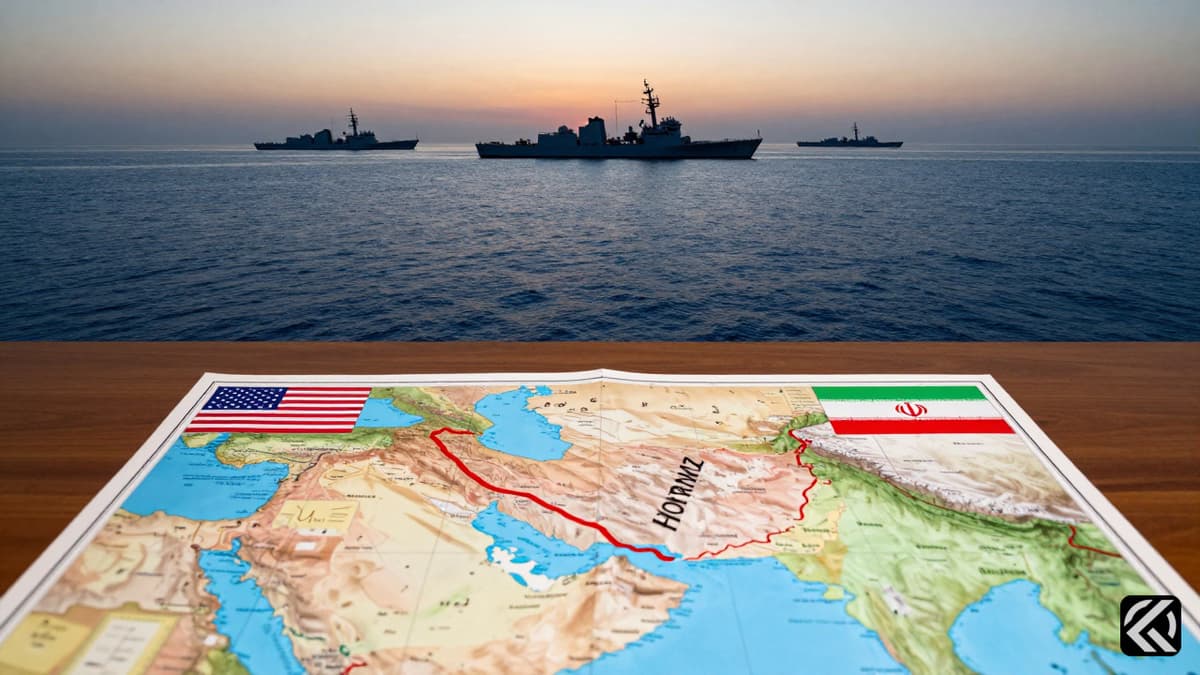 A map of the Middle East on a desk showing a blockade in the Hormuz Strait with US and Iranian flags.