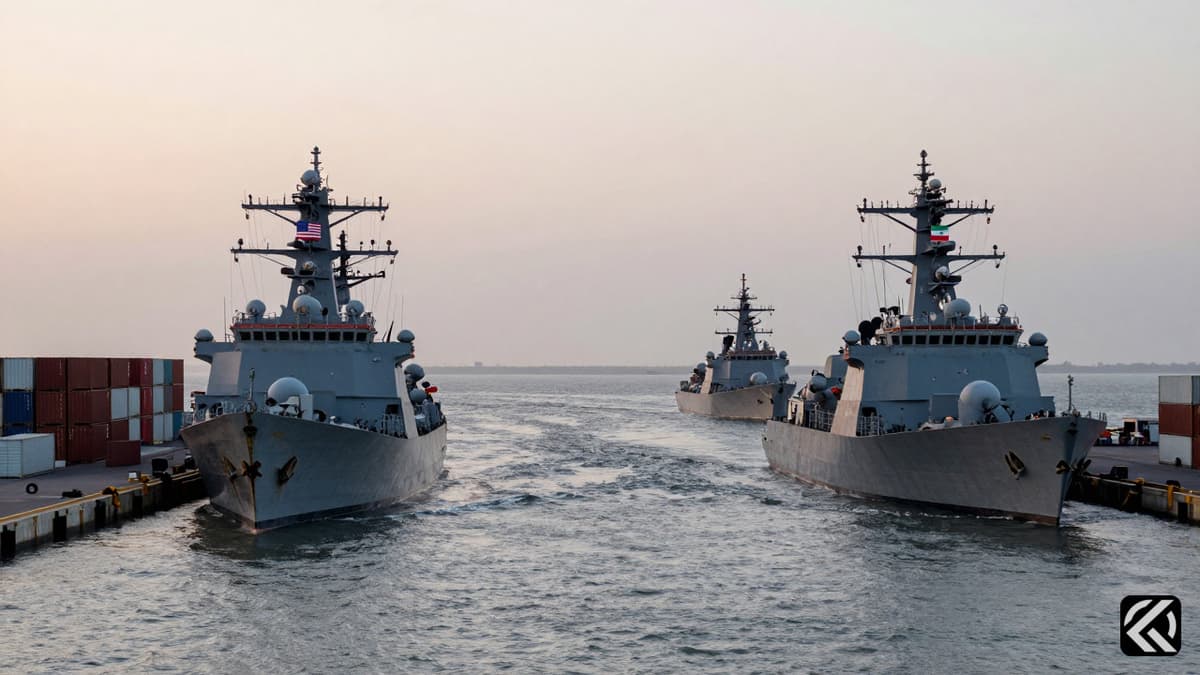 Naval ships and shipping containers block the Strait of Hormuz waterway with US and Iranian flags visible on masts.