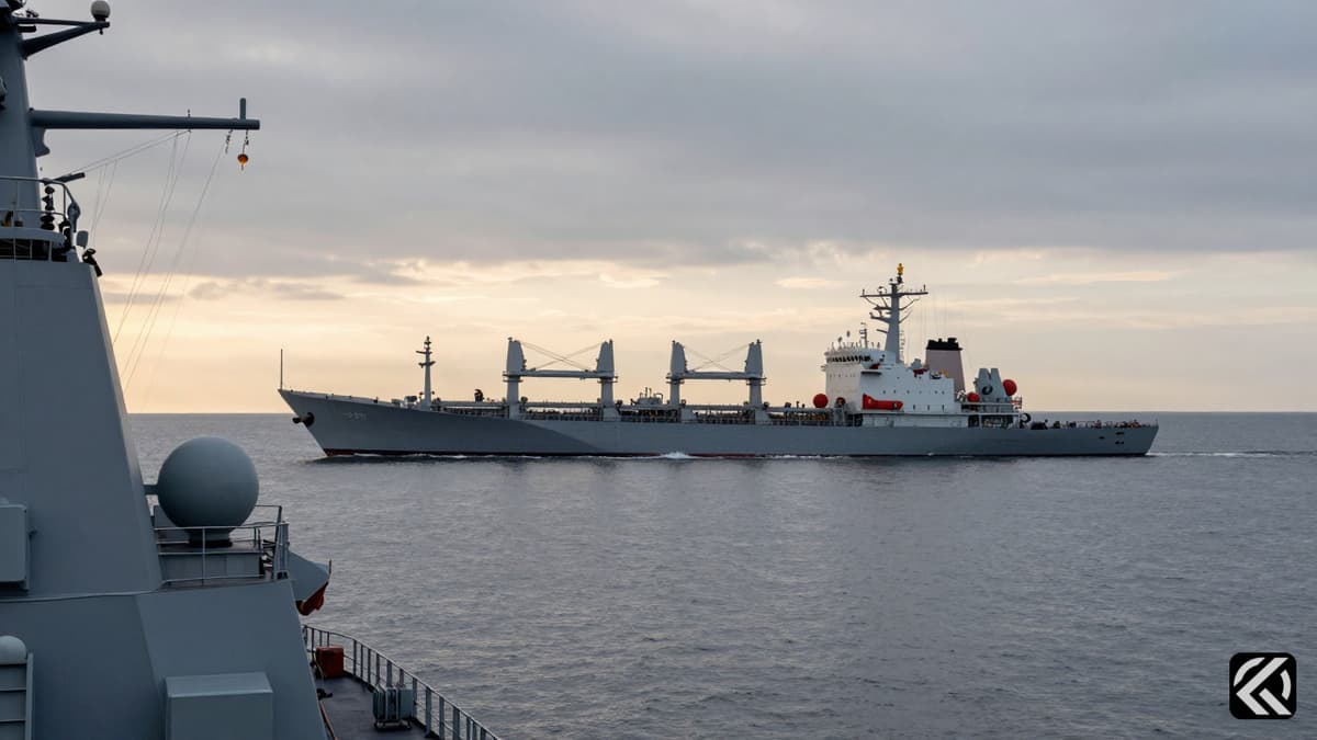 Cargo ship with crescent flag on sea viewed from naval destroyer deck.