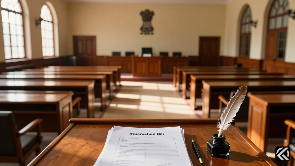 Photorealistic image of a parliamentary chamber with reservation documents on a desk under warm sunlight.