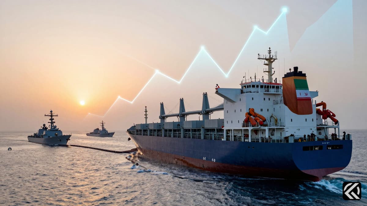 US warships and a cargo vessel near the Strait of Hormuz amidst rising oil market visuals.