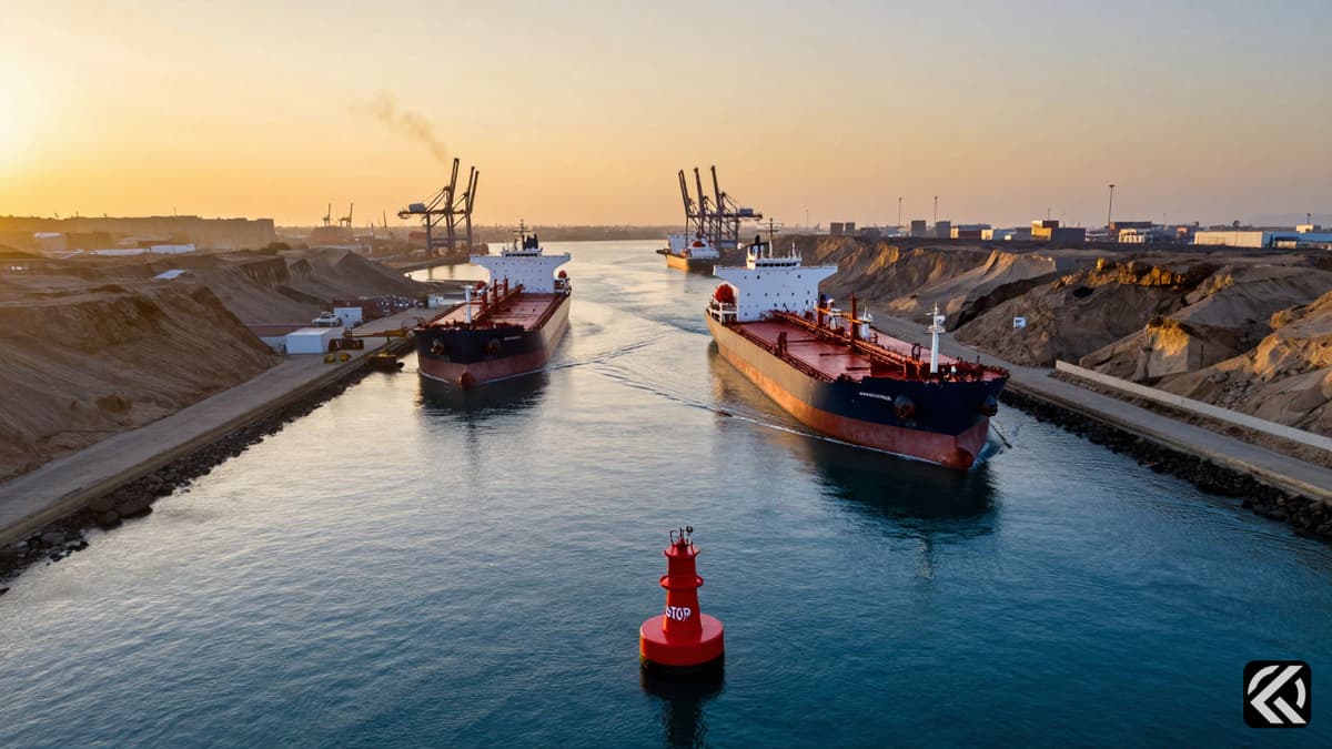 Oil tankers navigating the narrow Strait of Hormuz with industrial port cranes in the background under a golden sky.