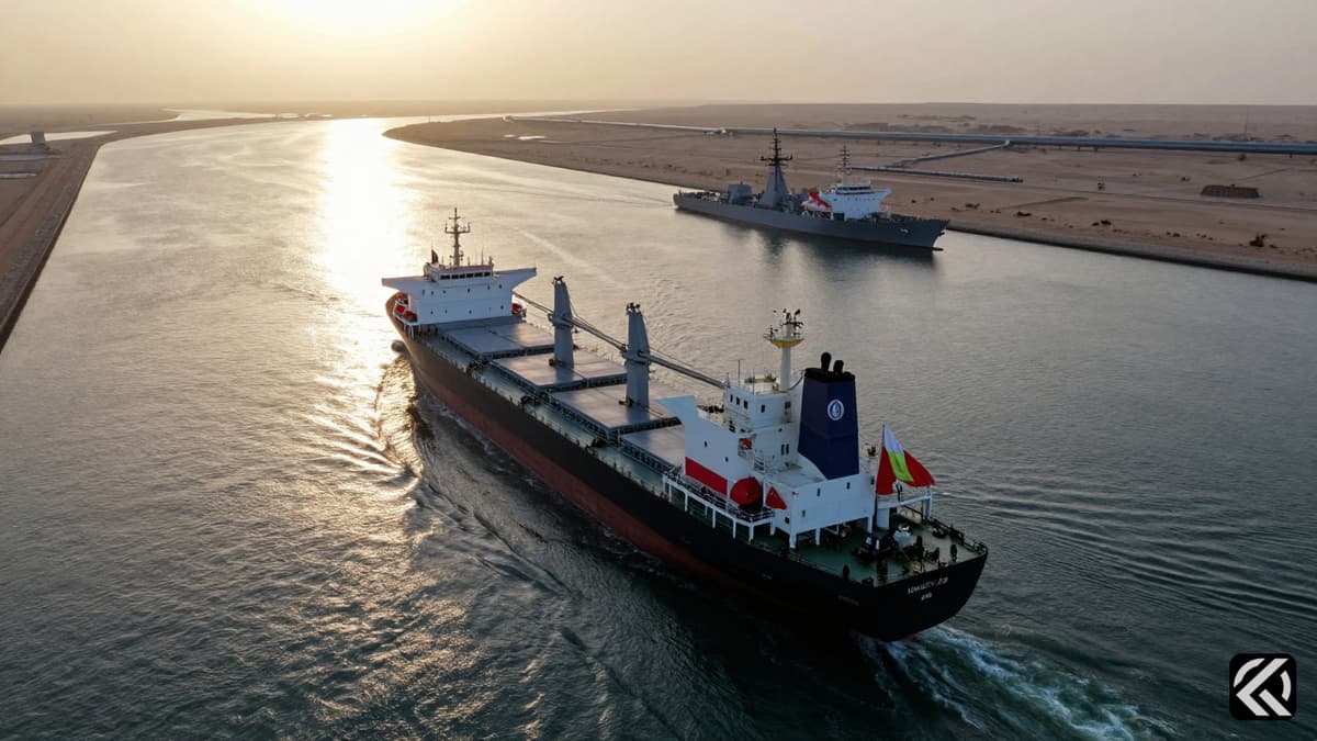 Cargo ship navigating the Strait of Hormuz with US Navy vessel in background symbolizing oil trade disruption.