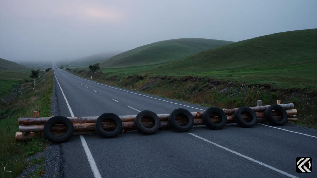 A rural highway in Manipur blocked by logs and tires with misty hills in the background, symbolizing the stalled journey and local unrest.