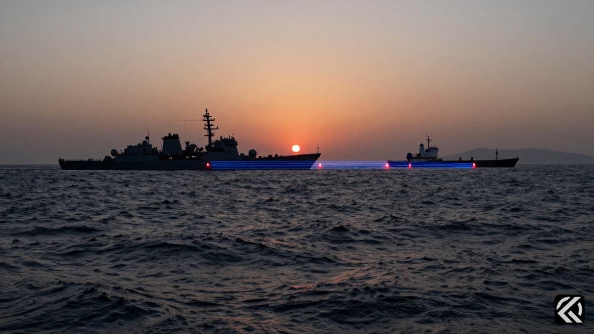 A warship blocks a cargo vessel in the Strait of Hormuz, symbolizing naval tensions and the blockade during dusk.